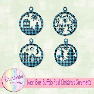 Free neon blue buffalo plaid Christmas ornaments