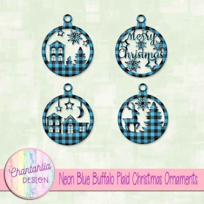 Free neon blue buffalo plaid Christmas ornaments