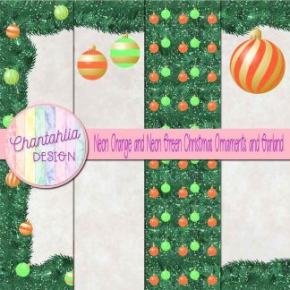 Free neon orange and neon green Christmas ornaments and garland digital papers