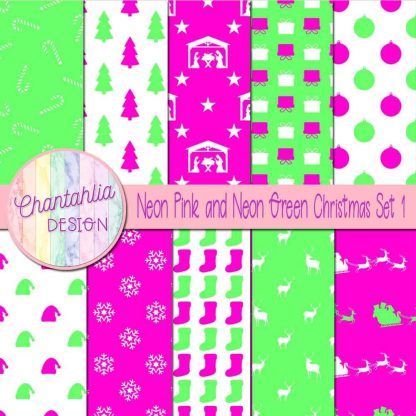 Free neon pink and neon green Christmas digital papers set 1