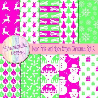 Free neon pink and neon green Christmas digital papers