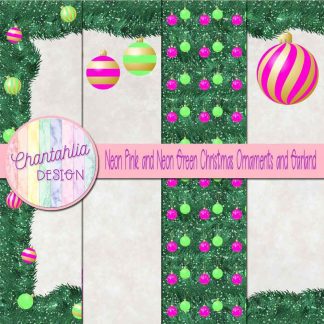 Free neon pink and neon green Christmas ornaments and garland digital papers