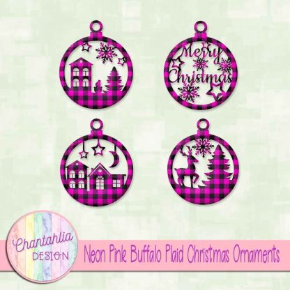 Free neon pink buffalo plaid Christmas ornaments