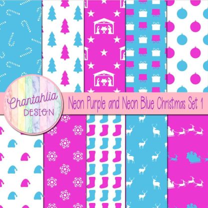 Free neon purple and neon blue Christmas digital papers set 1