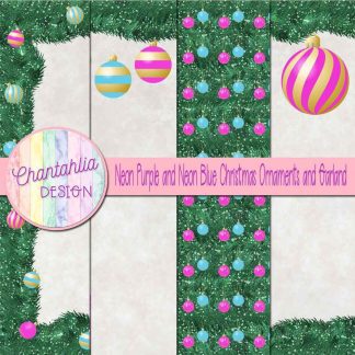 Free neon purple and neon blue Christmas ornaments and garland digital papers