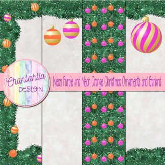 Free neon purple and neon orange Christmas ornaments and garland digital papers