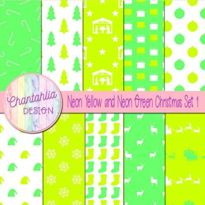 Free neon yellow and neon green Christmas digital papers set 1