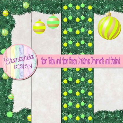 Free neon yellow and neon green Christmas ornaments and garland digital papers