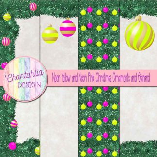 Free neon yellow and neon pink Christmas ornaments and garland digital papers