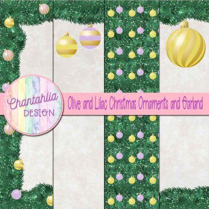 Free olive and lilac Christmas ornaments and garland digital papers