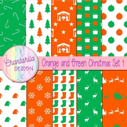 Free orange and green Christmas digital papers set 1