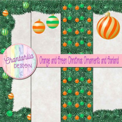 Free orange and green Christmas ornaments and garland digital papers