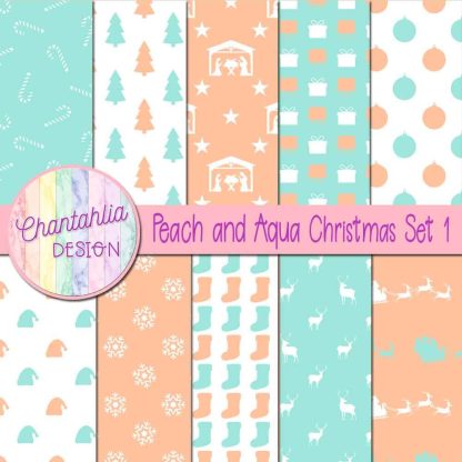 Free peach and aqua Christmas digital papers set 1