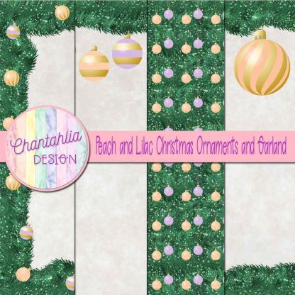 Free peach and lilac Christmas ornaments and garland digital papers