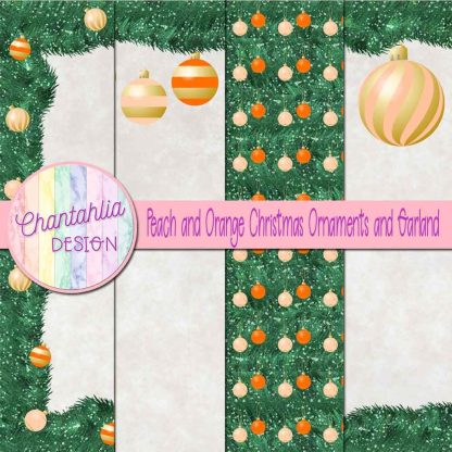 Free peach and orange Christmas ornaments and garland digital papers