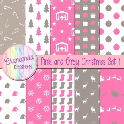 Free pink and grey Christmas digital papers set 1