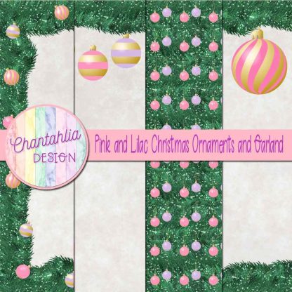 Free pink and lilac Christmas ornaments and garland digital papers