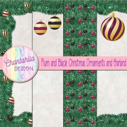 Free plum and black Christmas ornaments and garland digital papers
