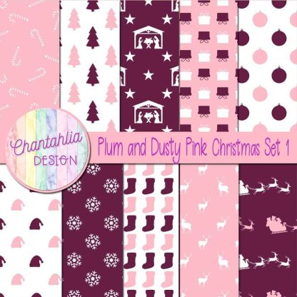 Free plum and dusty pink Christmas digital papers set 1
