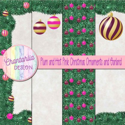 Free plum and hot pink Christmas ornaments and garland digital papers