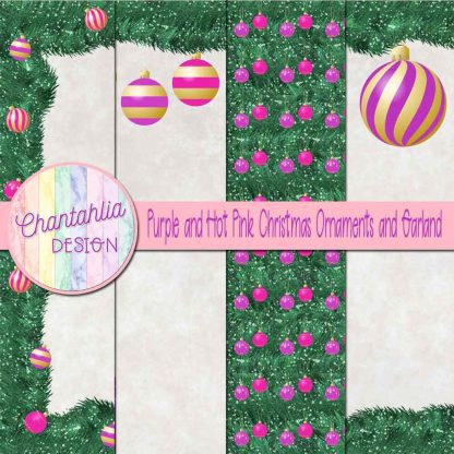 Free purple and hot pink Christmas ornaments and garland digital papers