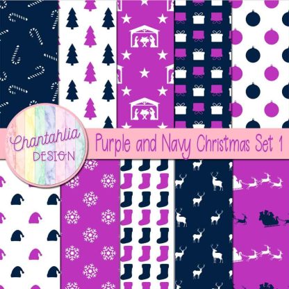 Free purple and navy Christmas digital papers set 1