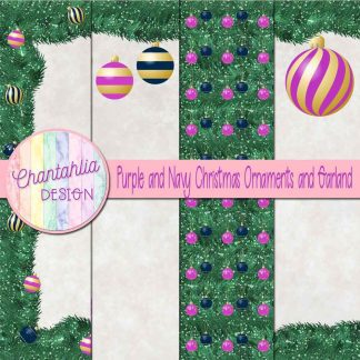 Free purple and navy Christmas ornaments and garland digital papers