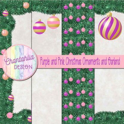 Free purple and pink Christmas ornaments and garland digital papers