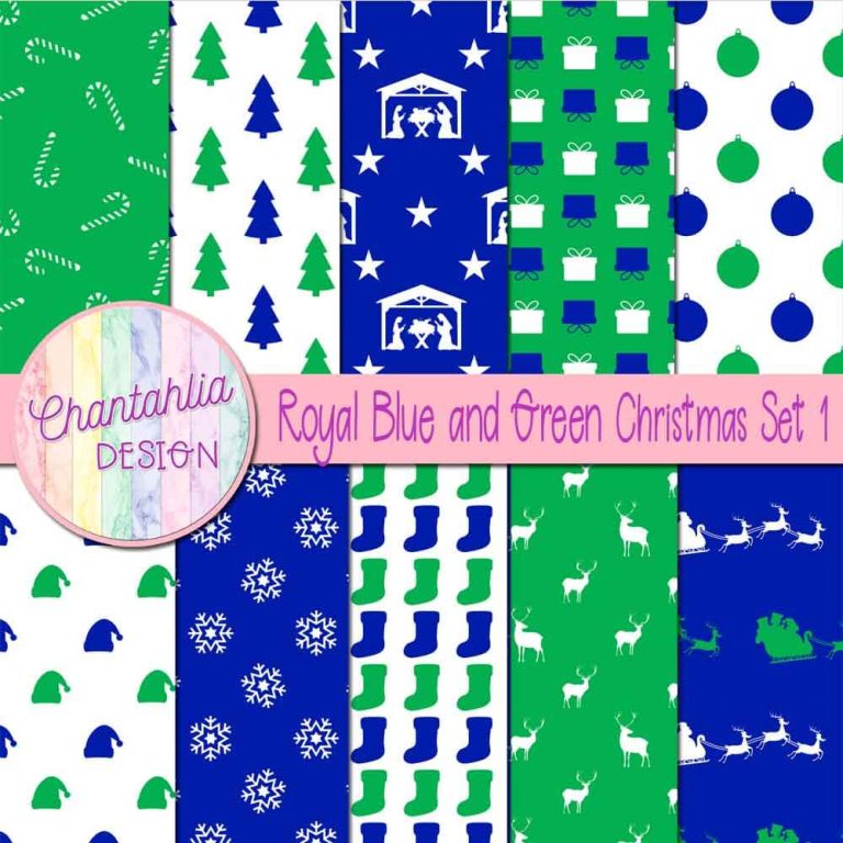 Royal Blue and Green Christmas Digital Papers Set 1