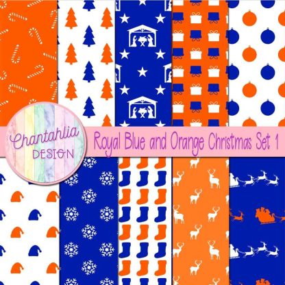 Free royal blue and orange Christmas digital papers set 1