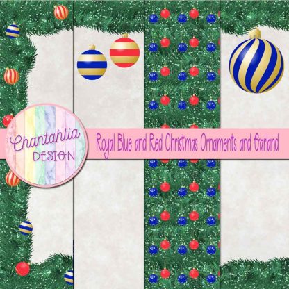 Free royal blue and red Christmas ornaments and garland digital papers