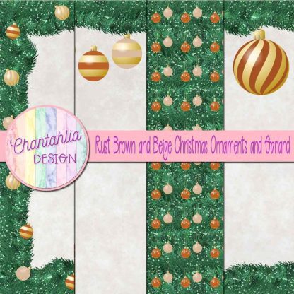 Free rust brown and beige Christmas ornaments and garland digital papers
