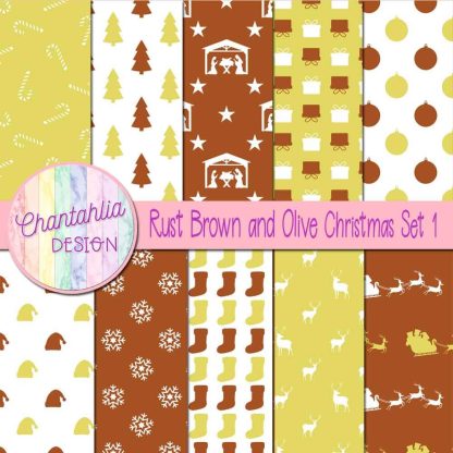 Free rust brown and olive Christmas digital papers set 1