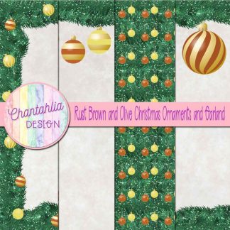 Free rust brown and olive Christmas ornaments and garland digital papers