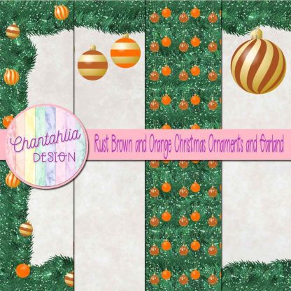 Free rust brown and orange Christmas ornaments and garland digital papers