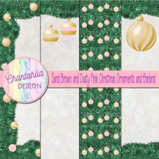Free sand brown and dusty pink Christmas ornaments and garland digital papers