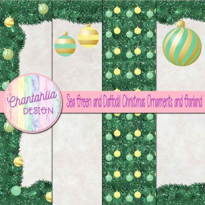Free sea green and daffodil Christmas ornaments and garland digital papers