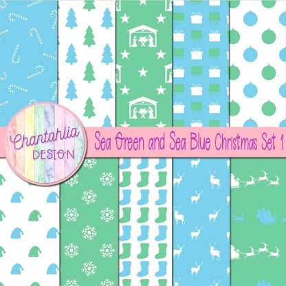 Free sea green and sea blue Christmas digital papers set 1