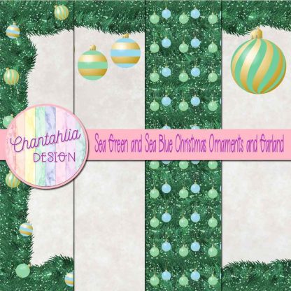 Free sea green and sea blue Christmas ornaments and garland digital papers