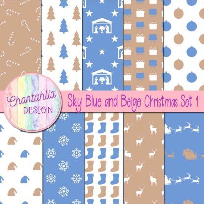 Free sky blue and beige Christmas digital papers set 1
