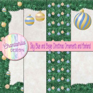 Free sky blue and beige Christmas ornaments and garland digital papers