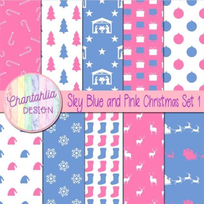 Free sky blue and pink Christmas digital papers set 1