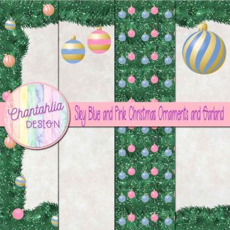 Free sky blue and pink Christmas ornaments and garland digital papers