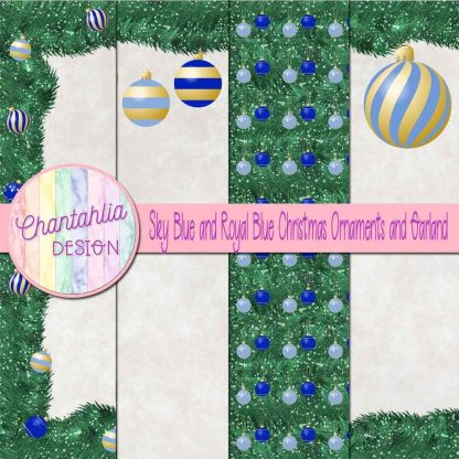 Free sky blue and royal blue Christmas ornaments and garland digital papers
