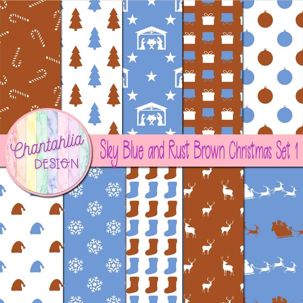 Free sky blue and rust brown Christmas digital papers set 1