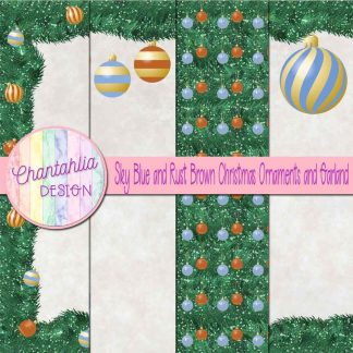Free sky blue and rust brown Christmas ornaments and garland digital papers