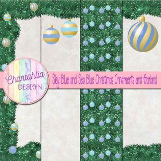 Free sky blue and sea blue Christmas ornaments and garland digital papers