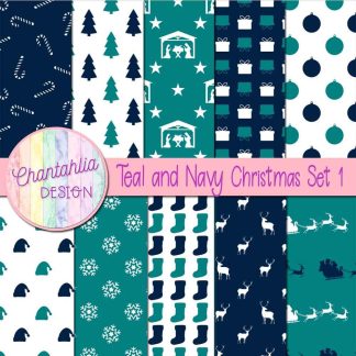 Free teal and navy Christmas digital papers set 1