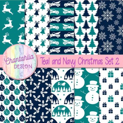 Free teal and navy Christmas digital papers