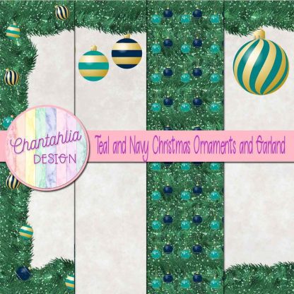 Free teal and navy Christmas ornaments and garland digital papers